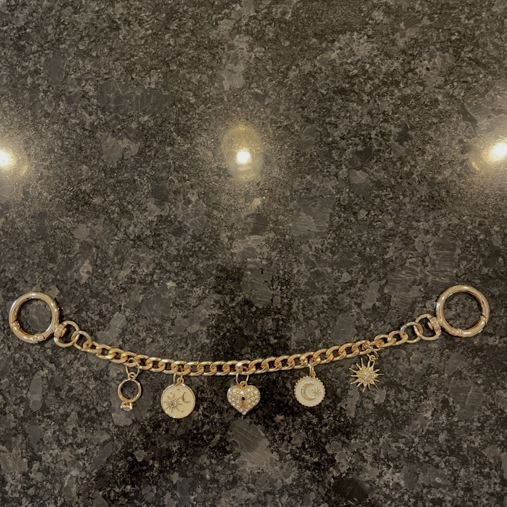 Gold Handbag Chain With Rhinestone Heart, Celestial Charms, & Diamond Ring